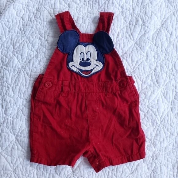 Disney Baby Mickey Mouse Shortalls Overall Shorts Cotton 0-3 Months Red - Picture 1 of 5